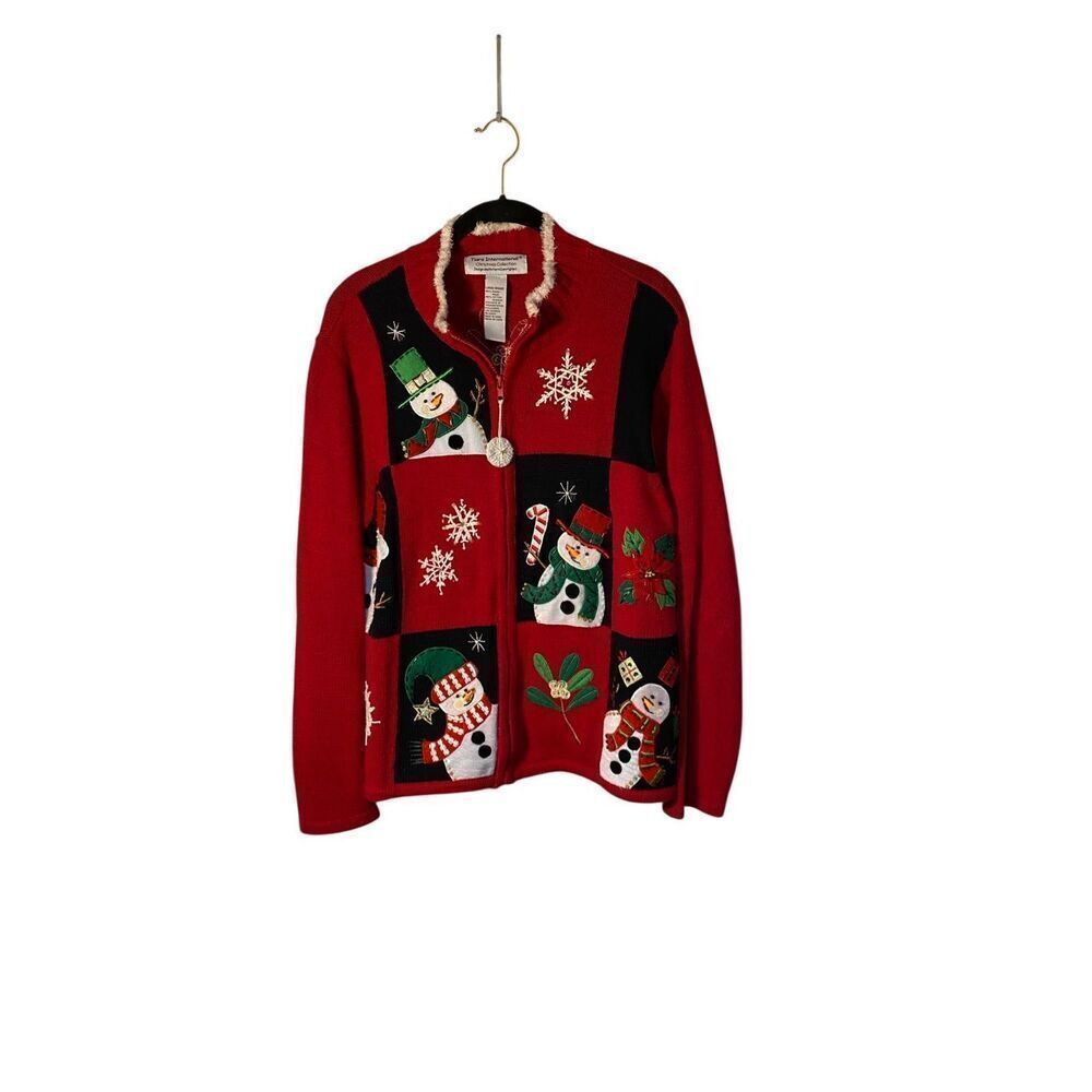 Tiara international women’s red snowman Christmas cardigan sweater S/large